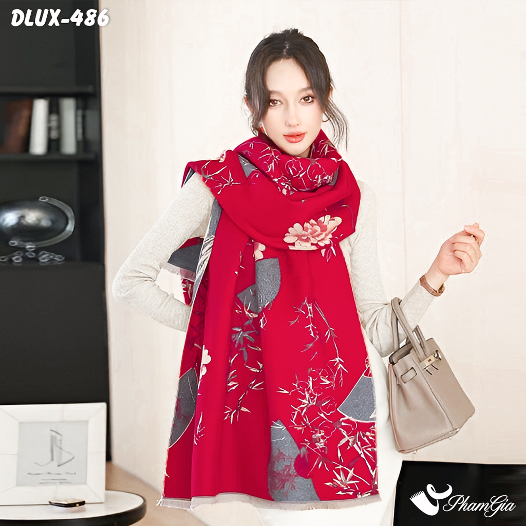 Khăn Choàng Dạ Cashmere Cao Cấp Họa Tiết Lá Tre Màu Đỏ Ruby Quý Phái