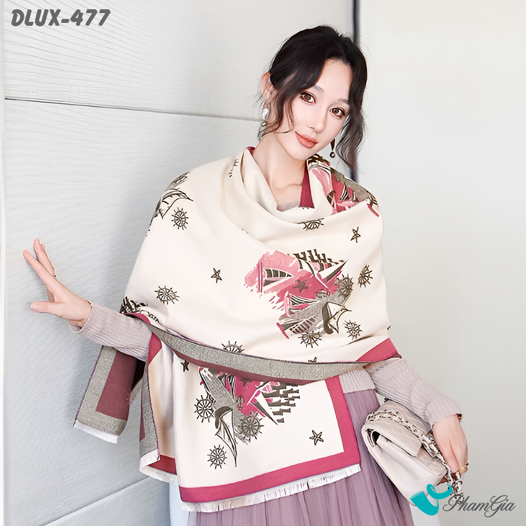 Khăn Choàng Dạ Cashmere Cao Cấp Họa Tiết Retro Màu Hồng Dâu Thanh Lịch