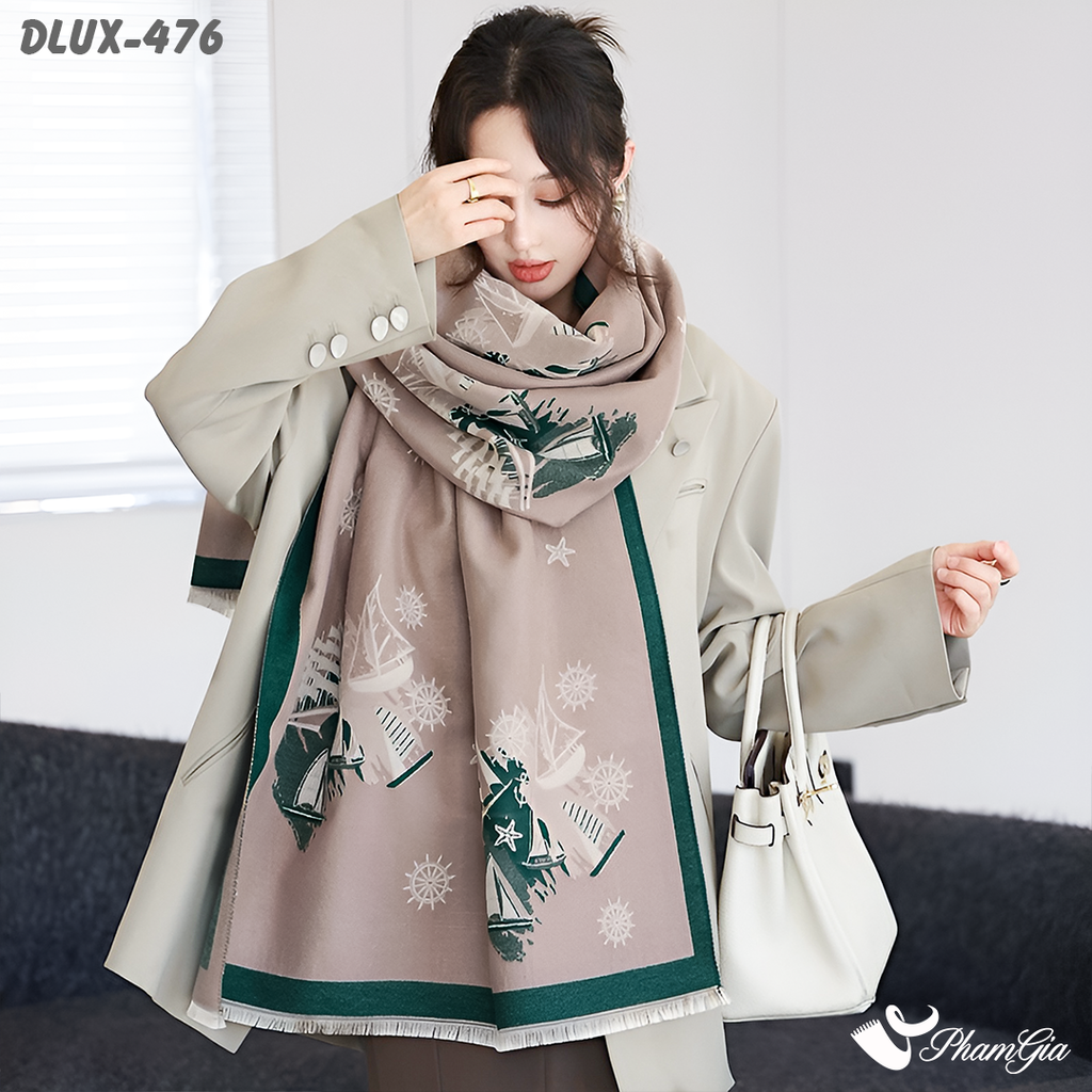 Khăn Choàng Dạ Cashmere Cao Cấp Họa Tiết Retro Màu Nâu Khói Thanh Lịch