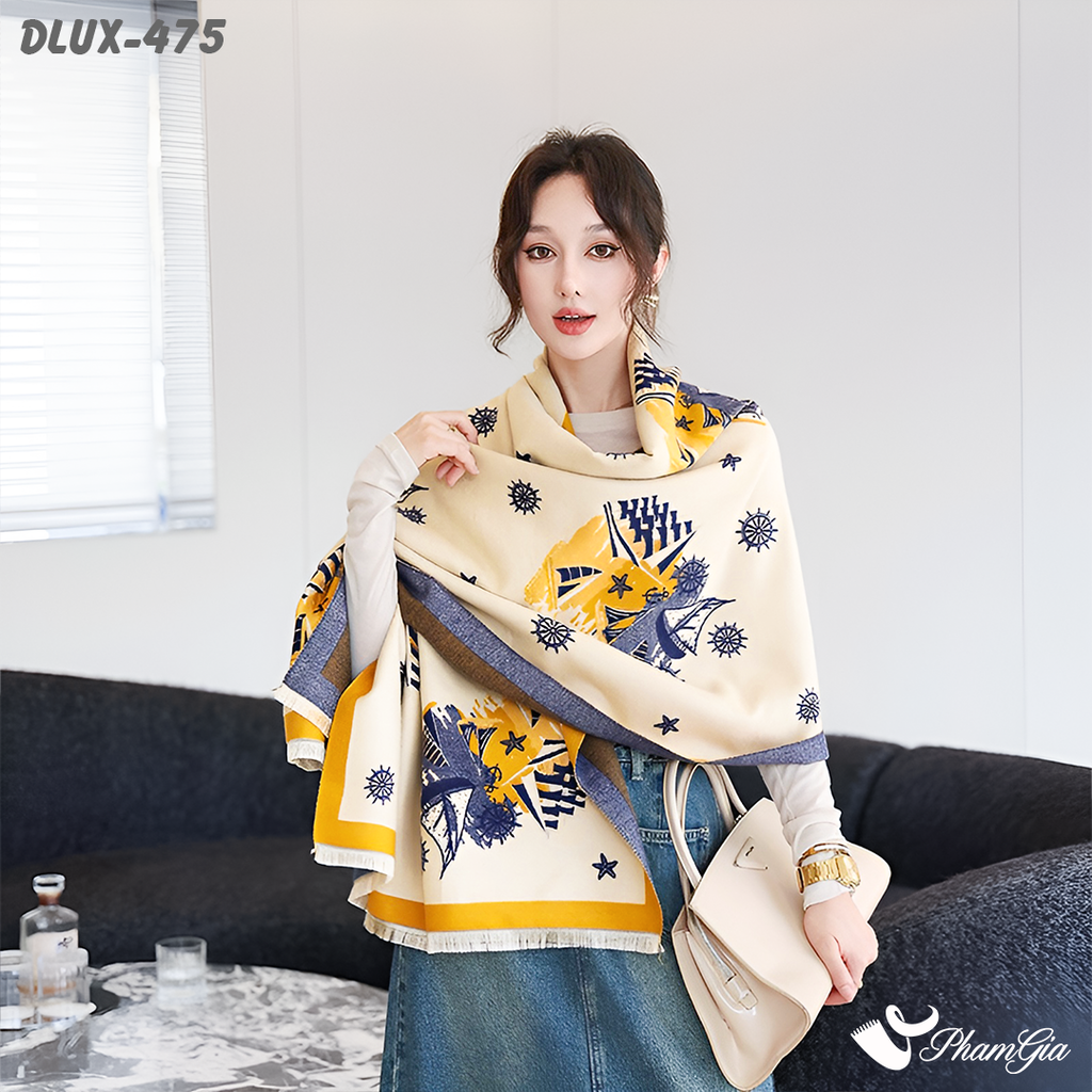 Khăn Choàng Dạ Cashmere Cao Cấp Họa Tiết Retro Màu Vàng Kem Thanh Lịch