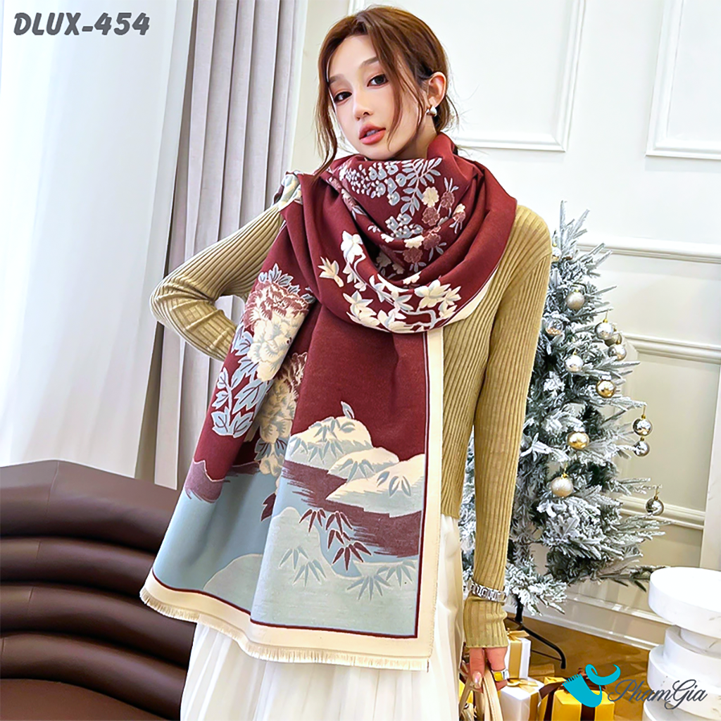 Khăn Choàng Dạ Cashmere Cao Cấp Họa Tiết Sơn Thủy Màu Đỏ Mận Quý Phái