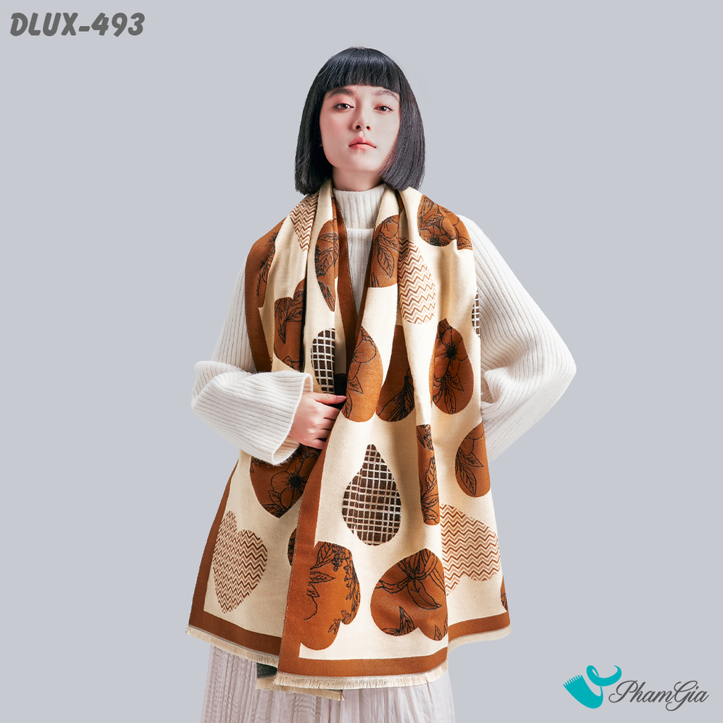 Khăn Choàng Dạ Cashmere Cao Cấp Họa Tiết Trái Tim Màu Nâu Tây Cá Tính