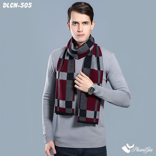 Khăn Choàng Dạ Cashmere Nam Cao Cấp Họa Tiết Hình Học Phối Màu Đỏ - Xám (DLCN505)