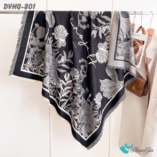 Khăn Choàng Dạ Cashmere Vuông Luxury Họa Tiết Vườn Hoa Màu Đen Khói (DVHQ801)
