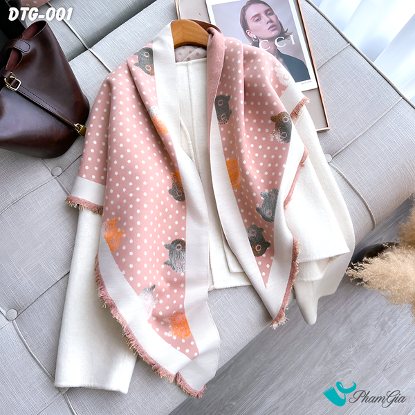 Khăn Choàng Dạ Tam Giác Họa Tiết Mèo Chấm Bi Màu Hồng Pastel (DTG001)