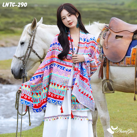 Người Mẫu Choàng Khăn Choàng Linen Boho Họa Tiết Aztec Màu Hồng Phấn Nổi Bật