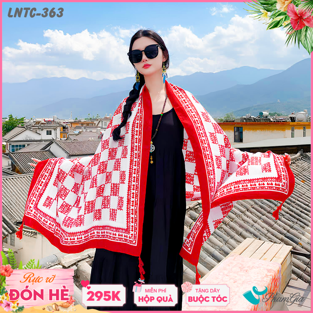 Khăn Choàng Linen Boho Họa Tiết Caro Thổ Cẩm Màu Đỏ Nổi Bật