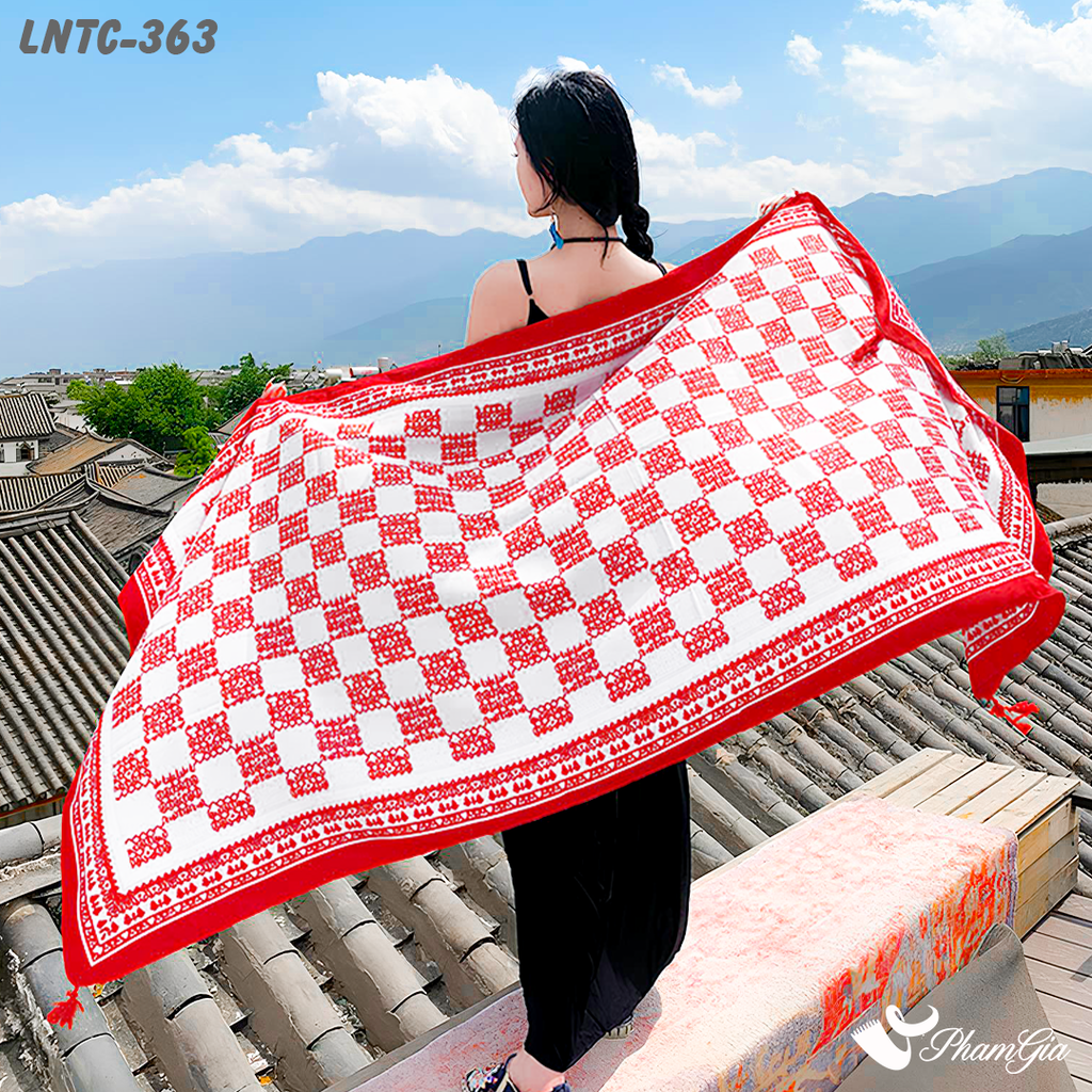 Họa Tiết Khăn Choàng Linen Boho Họa Tiết Caro Thổ Cẩm Màu Đỏ Nổi Bật
