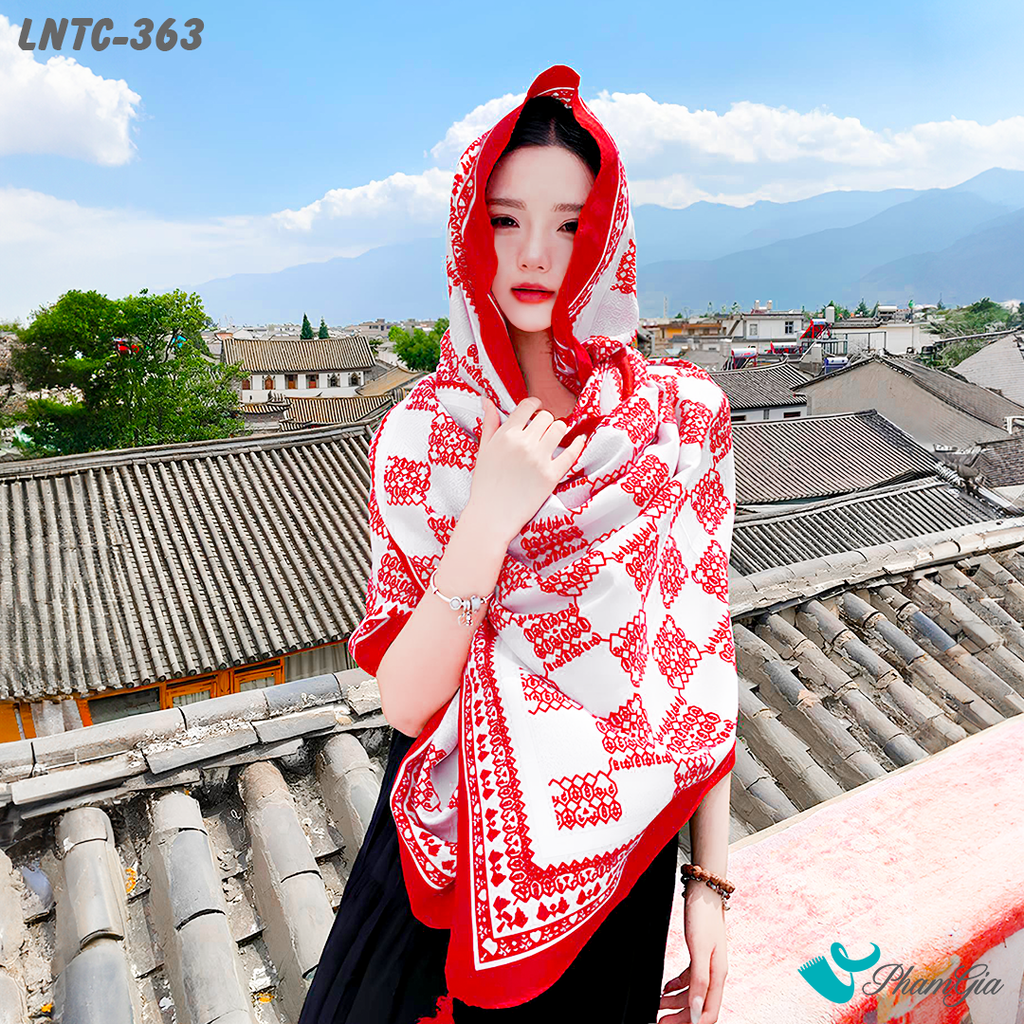 Model Choàng Khăn Choàng Linen Boho Họa Tiết Caro Thổ Cẩm Màu Đỏ Nổi Bật