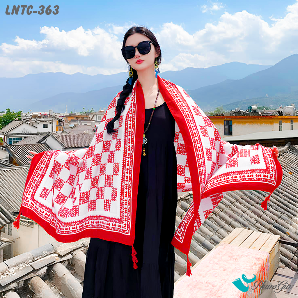 Khăn Choàng Linen Boho Họa Tiết Caro Thổ Cẩm Màu Đỏ Nổi Bật