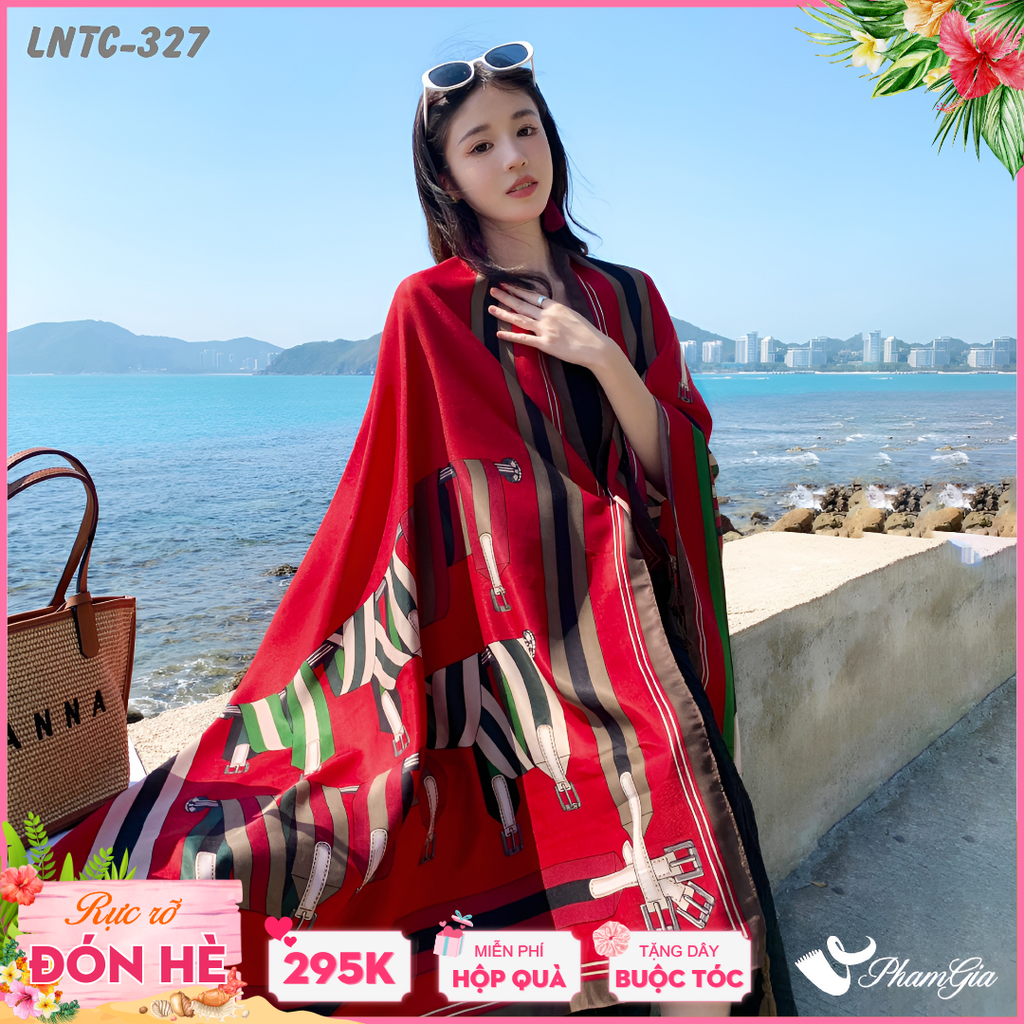 Khăn Choàng Linen Boho Họa Tiết Dây Đai Nâu Phối Nền Đỏ Đô Nổi Bật