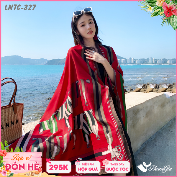 Khăn Choàng Linen Boho Họa Tiết Dây Đai Nâu Phối Nền Đỏ Đô Nổi Bật (LNTC327)