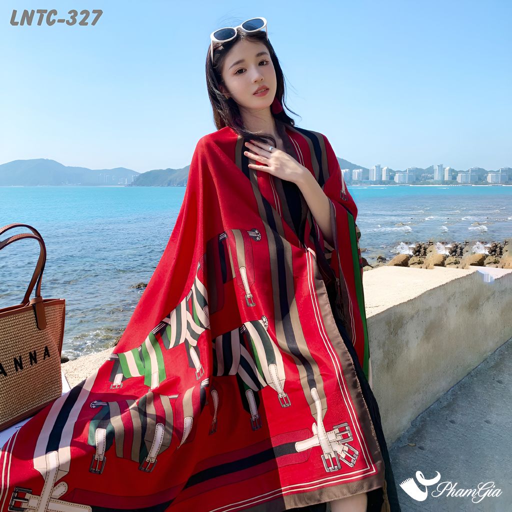 Khăn Choàng Linen Boho Họa Tiết Dây Đai Nâu Phối Nền Đỏ Đô Nổi Bật