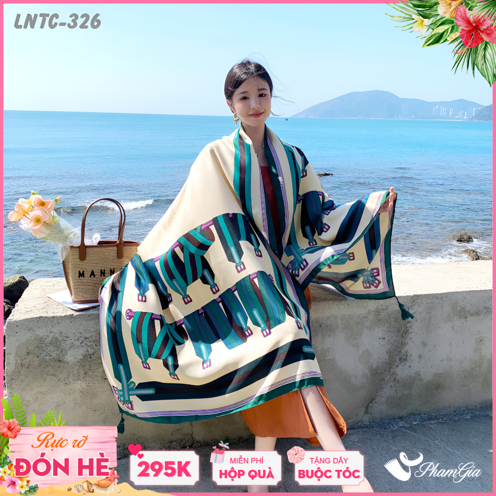 Khăn Choàng Linen Boho Họa Tiết Dây Đai Xanh Phối Nền Beige Cá Tính