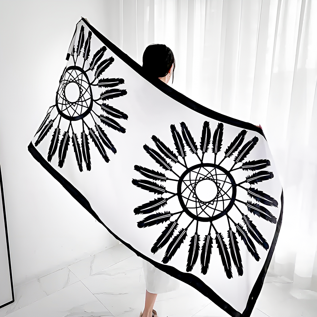 Khăn Choàng Linen Boho Họa Tiết Dreamcatcher Màu Trắng Đen Cá Tính