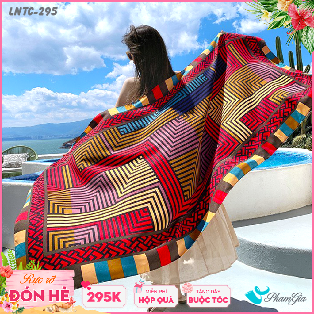 Khăn Choàng Linen Boho Họa Tiết Hình Học Phối Màu Đỏ Vàng Cá Tính