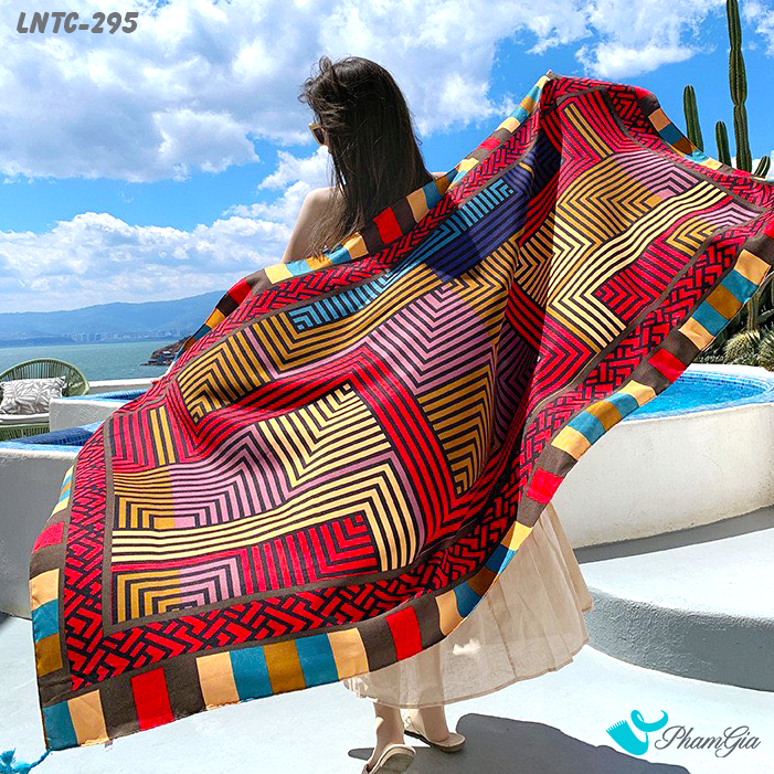 Khăn Choàng Linen Boho Họa Tiết Hình Học Phối Màu Đỏ Vàng Cá Tính