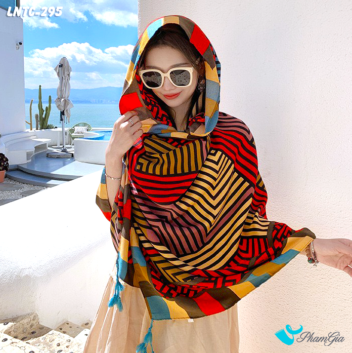 Họa Tiết Khăn Choàng Linen Boho Họa Tiết Hình Học Phối Màu Đỏ Vàng Cá Tính