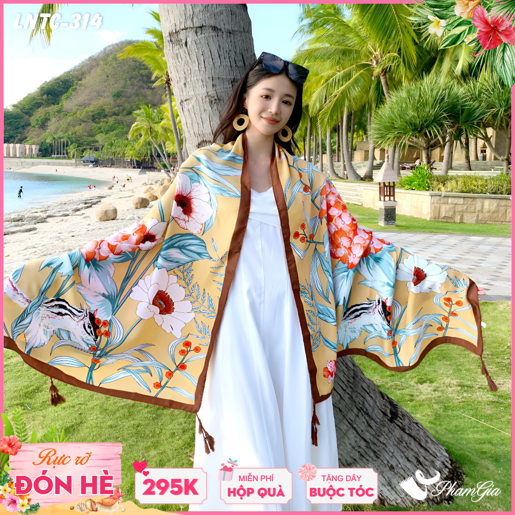 Khăn Choàng Linen Boho Họa Tiết Hoa Cẩm Tú Cầu Màu Vàng Mơ Thanh Lịch