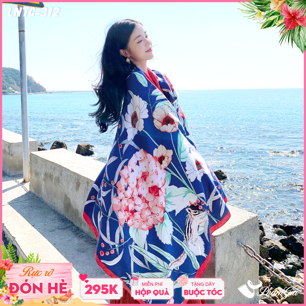 Khăn Choàng Linen Boho Họa Tiết Hoa Cẩm Tú Cầu Màu Xanh Navy Quyến Rũ