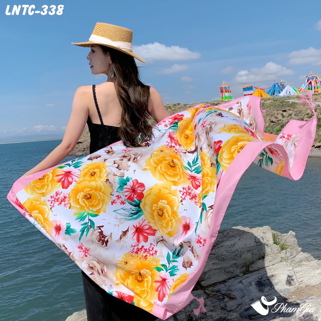 Khăn Choàng Linen Boho Họa Tiết Hoa Hồng Vàng Rực Rỡ