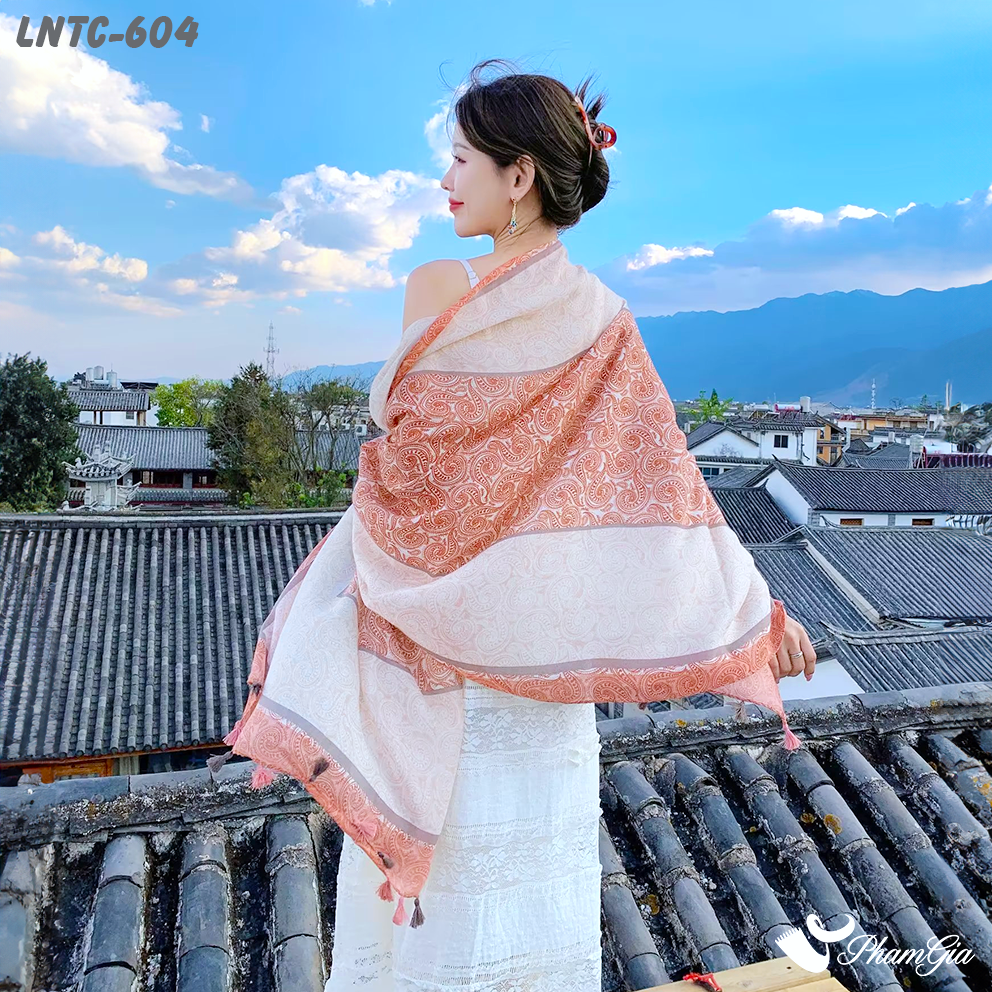 Khăn Choàng Linen Boho Họa Tiết Hoa Paisley Màu Cam Đào Nhẹ Nhàng