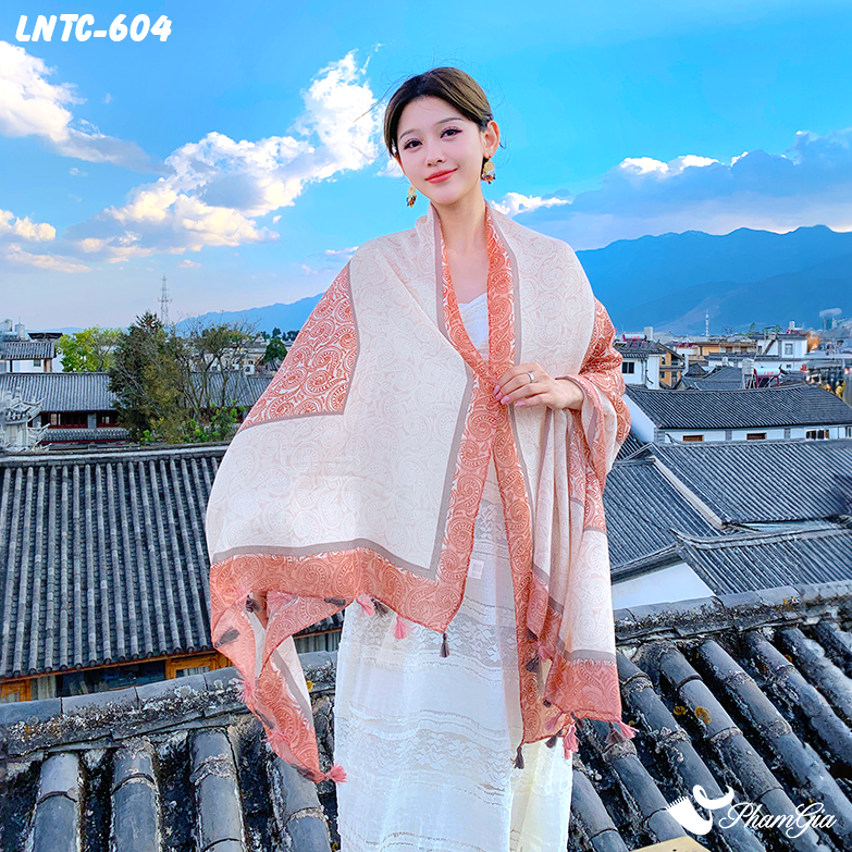 Người Mẫu Choàng Khăn Choàng Linen Boho Họa Tiết Hoa Paisley Màu Cam Đào Nhẹ Nhàng