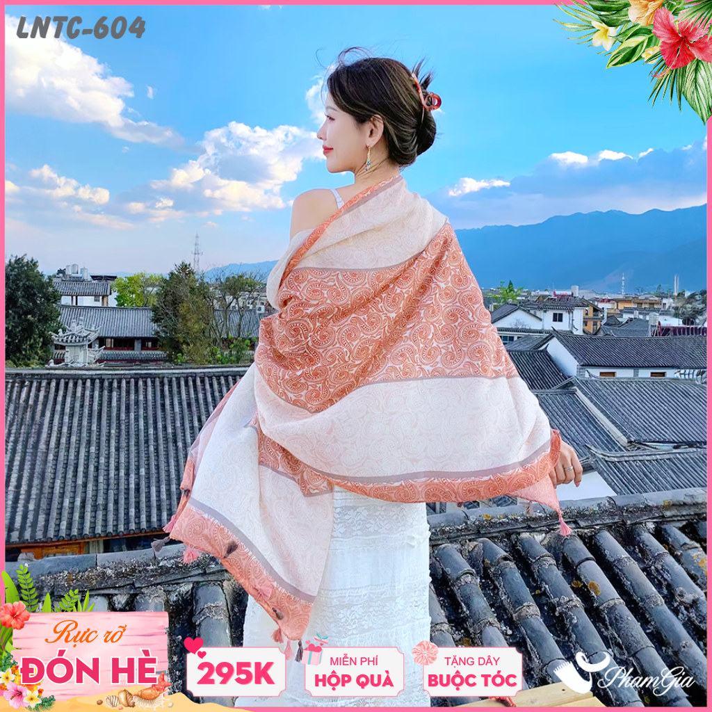 Khăn Choàng Linen Boho Họa Tiết Hoa Paisley Màu Cam Đào Nhẹ Nhàng
