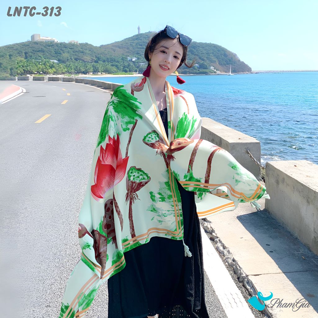Khăn Choàng Linen Boho Họa Tiết Hoa Sen Đỏ Phối Lá Xanh Trang Nhã