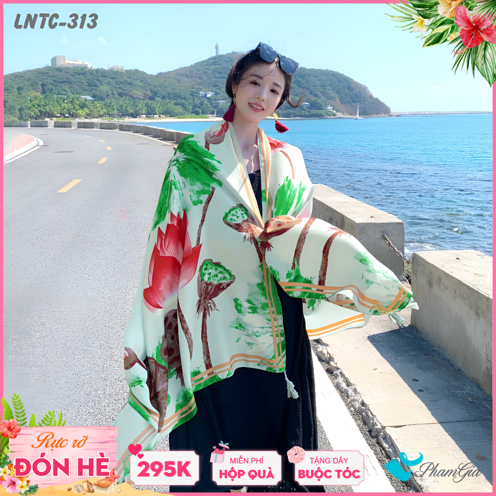 Khăn Choàng Linen Boho Họa Tiết Hoa Sen Đỏ Phối Lá Xanh Trang Nhã