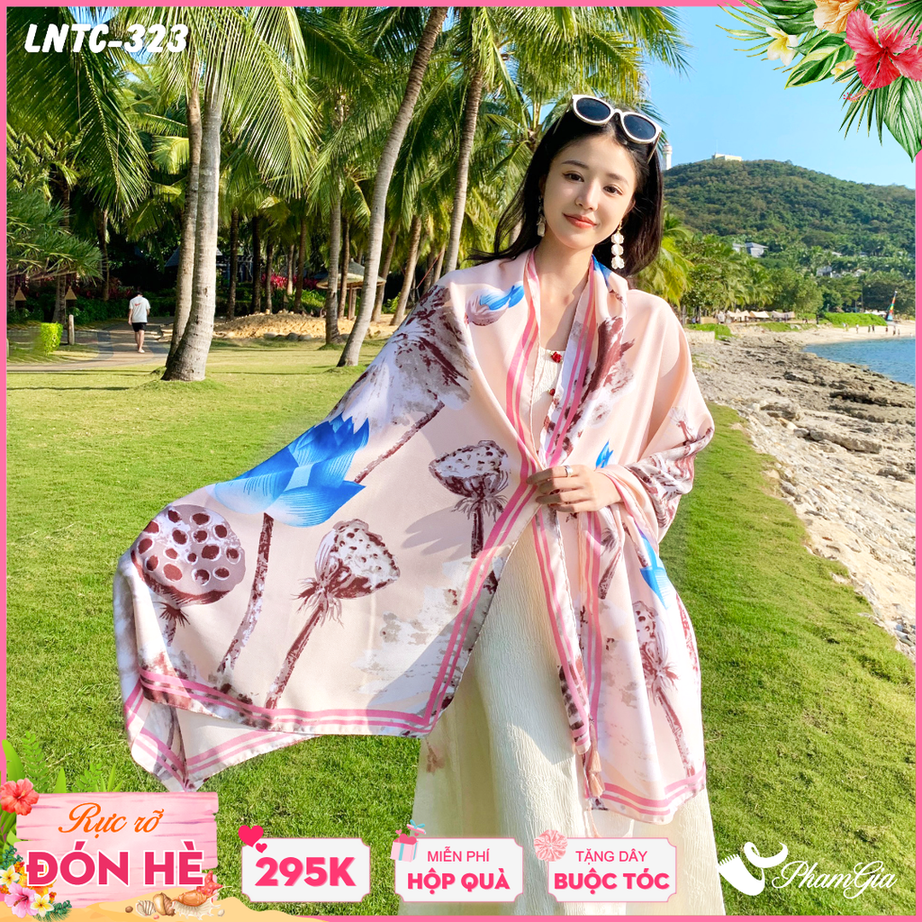 Khăn Choàng Linen Boho Họa Tiết Hoa Sen Xanh Phối Nền Hồng Trang Nhã