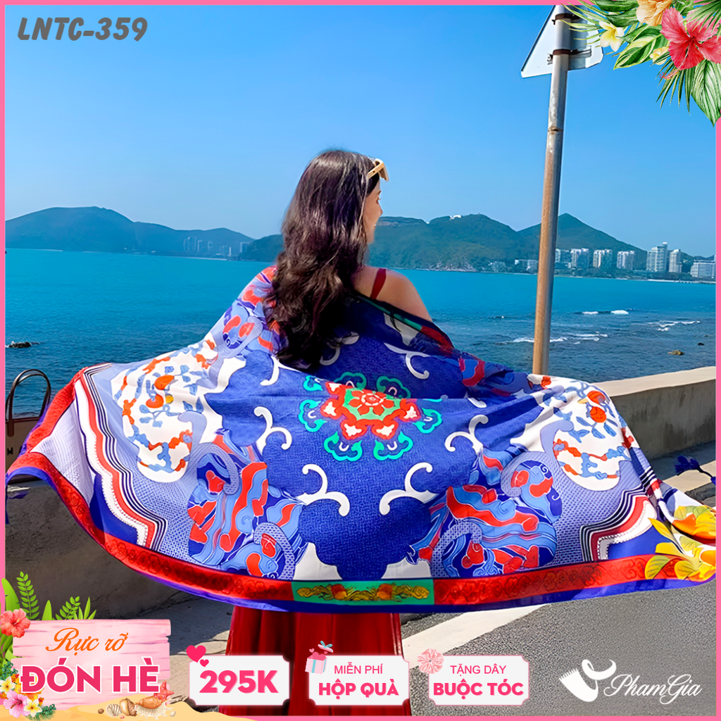 Khăn Choàng Linen Boho Họa Tiết Hoa Văn Cổ Điển Màu Xanh Coban Rực Rỡ