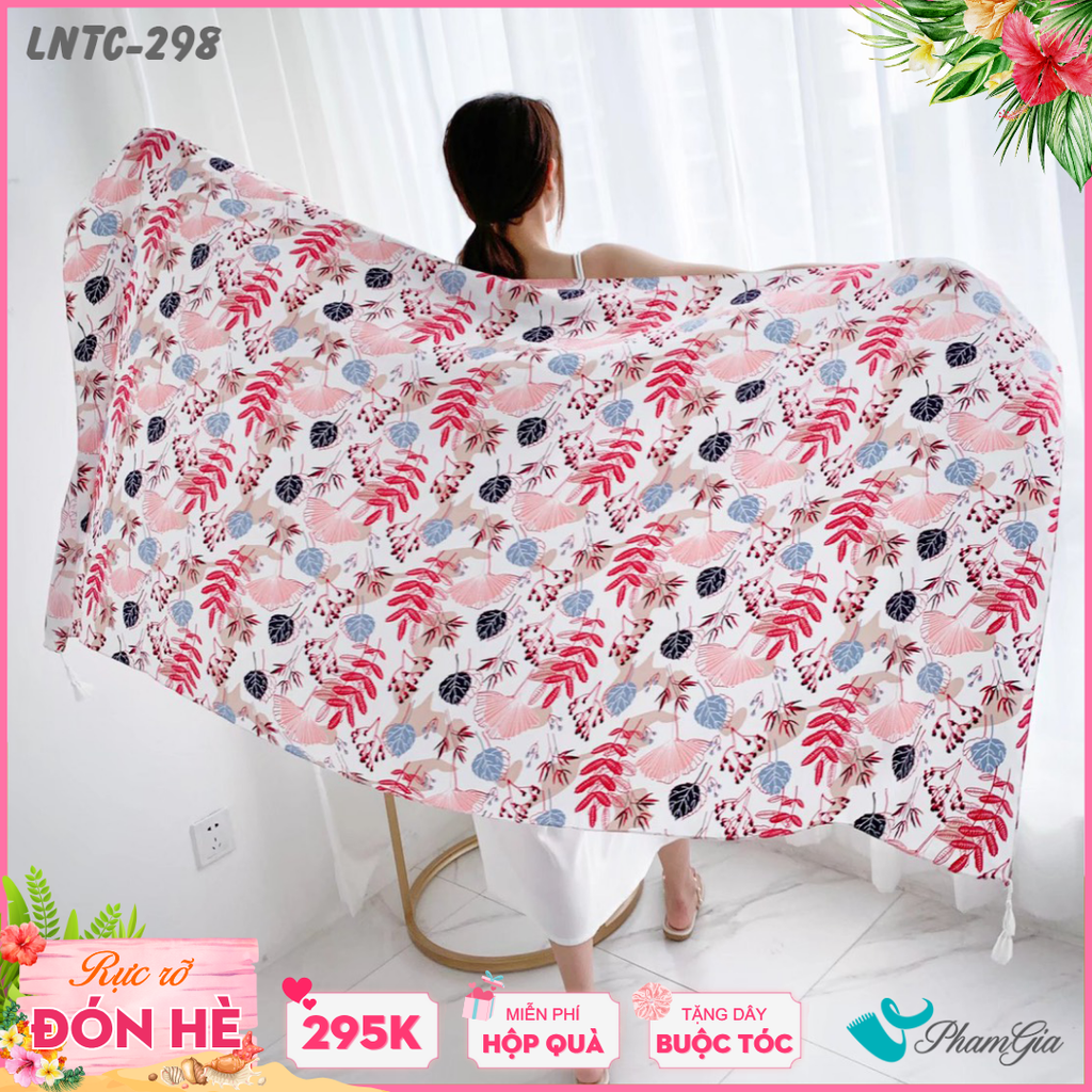 Khăn Choàng Linen Boho Họa Tiết Lá Nhiệt Đới Màu Hồng Baby Ngọt Ngào