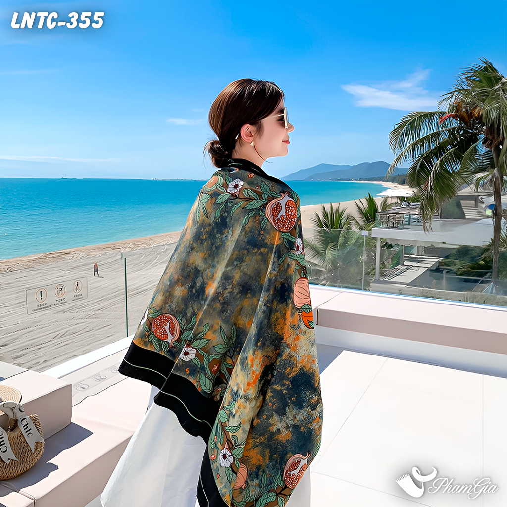 Họa Tiết Khăn Choàng Linen Boho Họa Tiết Lựu Chín Màu Đen Tinh Tế