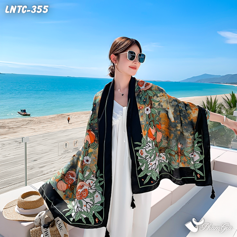 Khăn Choàng Linen Boho Họa Tiết Lựu Chín Màu Đen Tinh Tế (LNTC355)