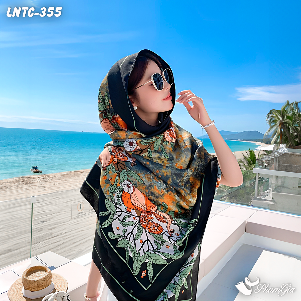 Góc Nghiêng Khăn Choàng Linen Boho Họa Tiết Lựu Chín Màu Đen Tinh Tế