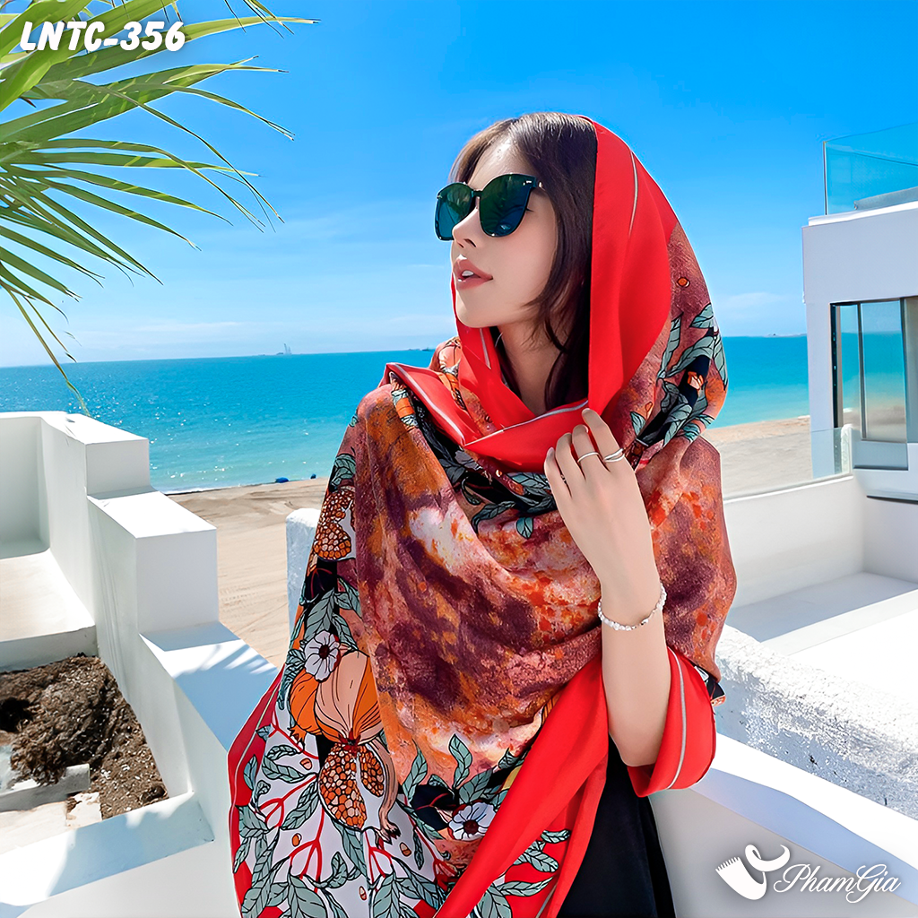 Góc Nghiêng Khăn Choàng Linen Boho Họa Tiết Lựu Chín Màu Đỏ Nổi Bật