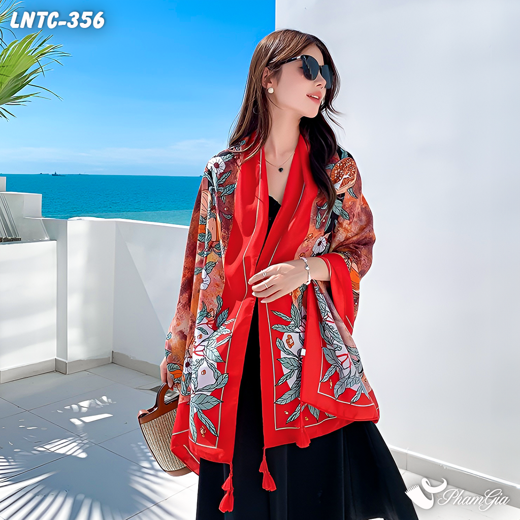 Model Choàng Khăn Choàng Linen Boho Họa Tiết Lựu Chín Màu Đỏ Nổi Bật