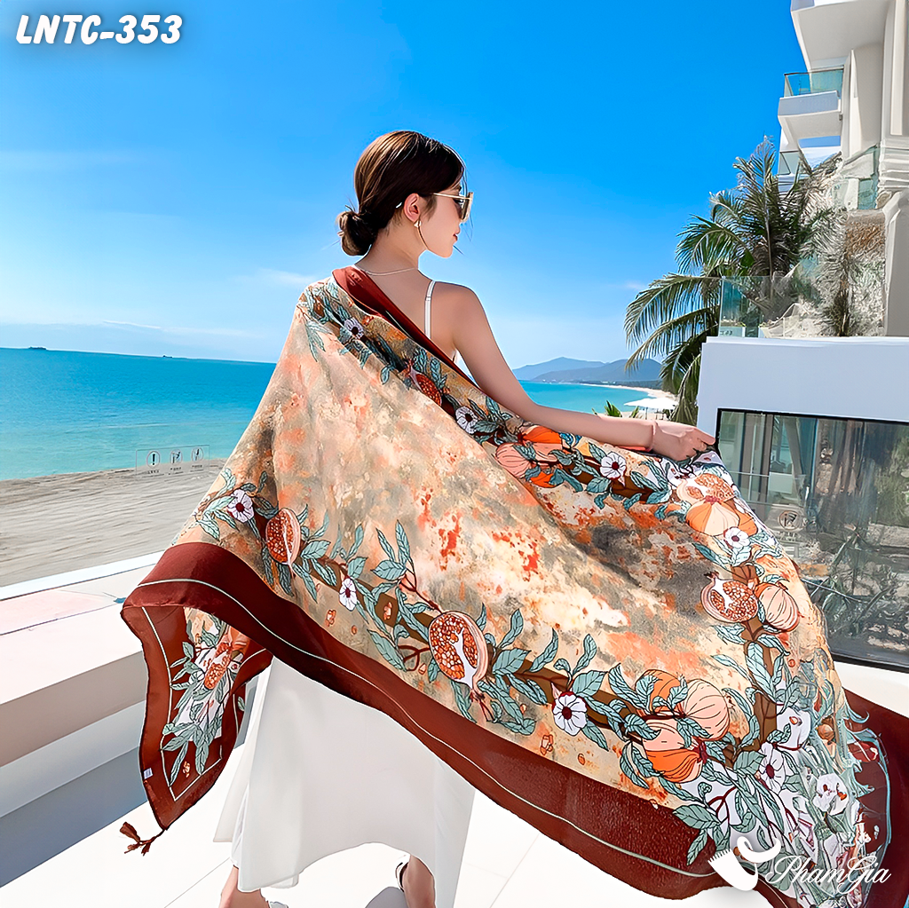 Họa Tiết Khăn Choàng Linen Boho Họa Tiết Lựu Chín Màu Nâu Trầm Cổ Điển