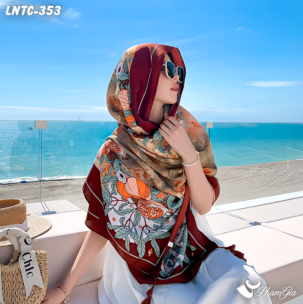Model Choàng Khăn Choàng Linen Boho Họa Tiết Lựu Chín Màu Nâu Trầm Cổ Điển