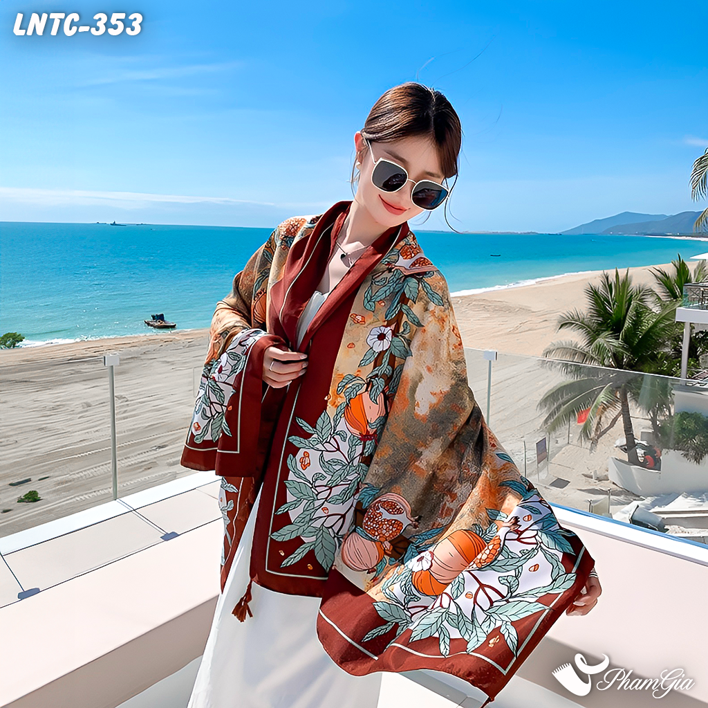 Người Mẫu Choàng Khăn Choàng Linen Boho Họa Tiết Lựu Chín Màu Nâu Trầm Cổ Điển