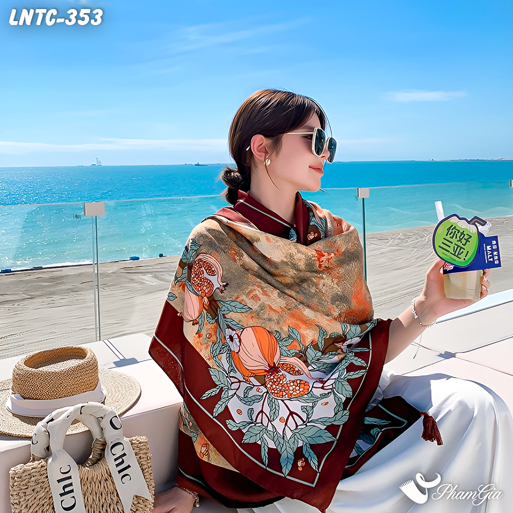 Góc Nghiêng Khăn Choàng Linen Boho Họa Tiết Lựu Chín Màu Nâu Trầm Cổ Điển