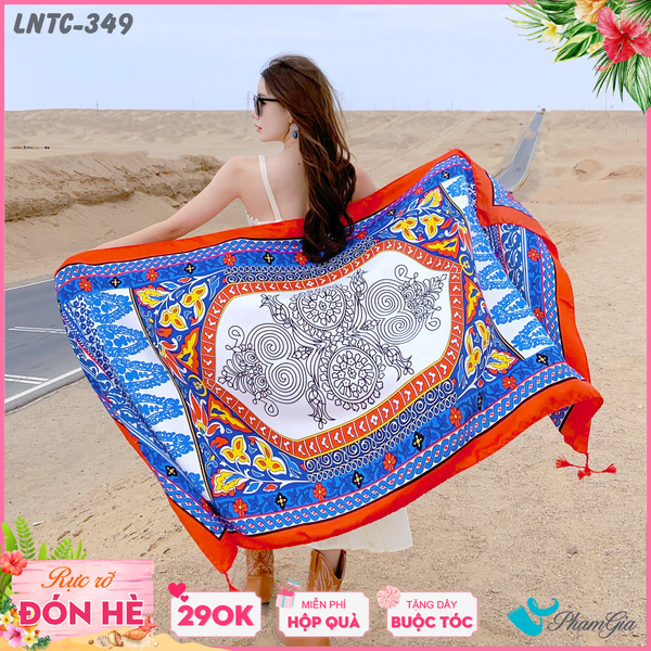 Khăn Choàng Linen Boho Họa Tiết Mandala Màu Xanh Phối Viền Cam Cá Tính (LNTC349)