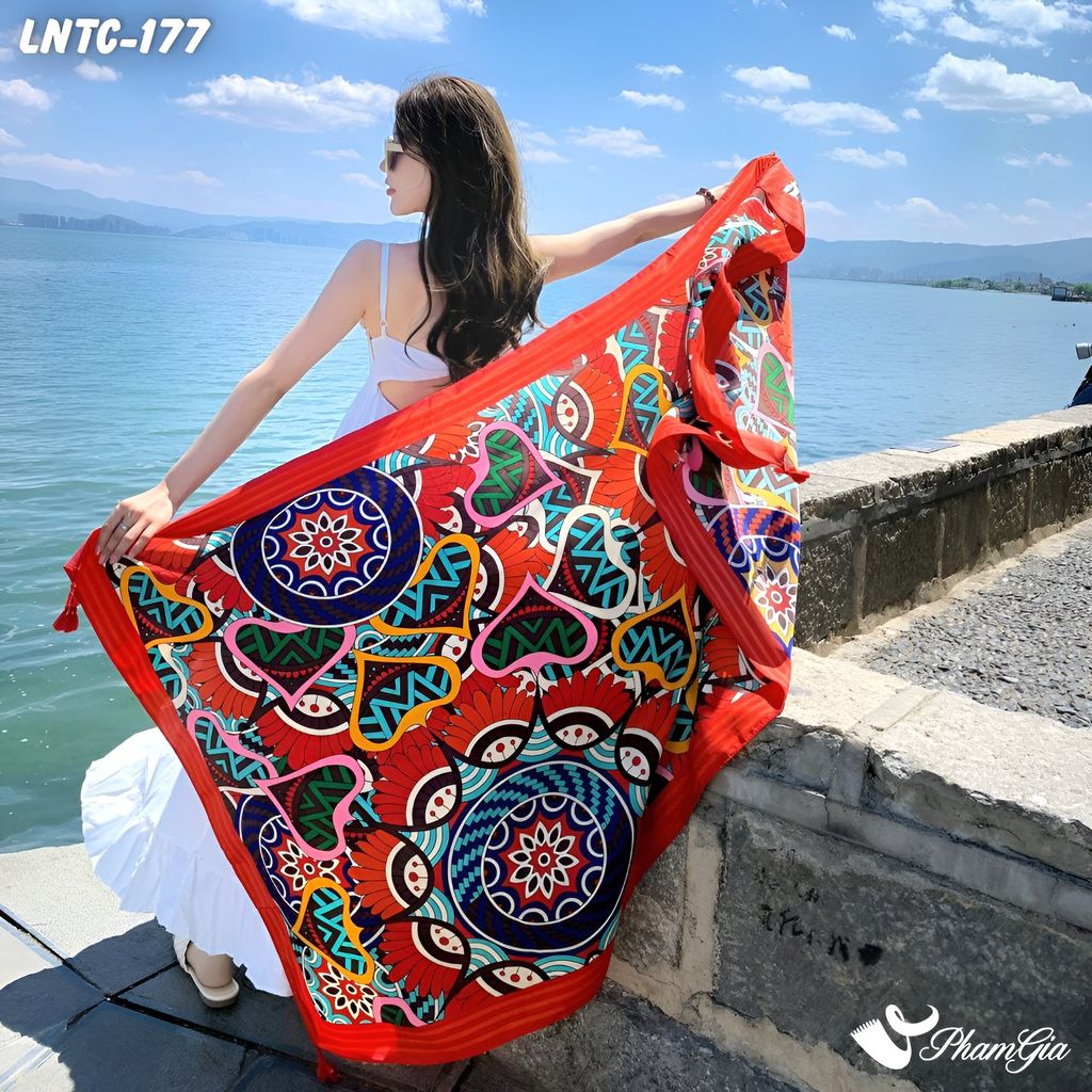 Họa Tiết Khăn Choàng Linen Boho Họa Tiết Thổ Cẩm Mandala Màu Đỏ Cam Rực Rỡ