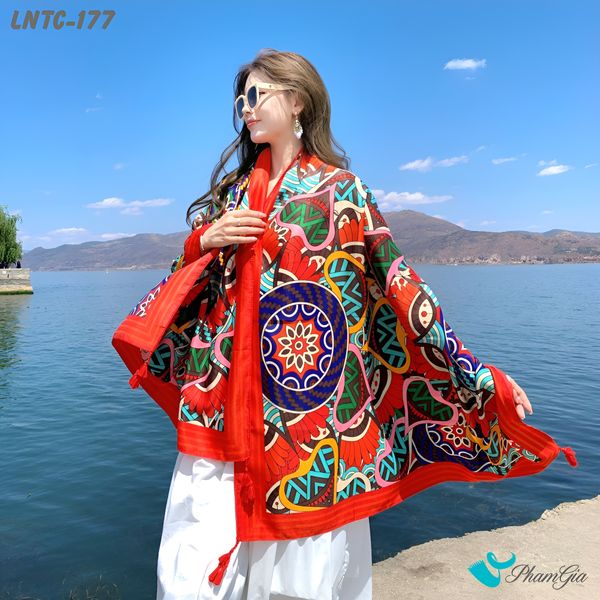 Khăn Choàng Linen Boho Họa Tiết Thổ Cẩm Mandala Màu Đỏ Cam Rực Rỡ (LNTC177)