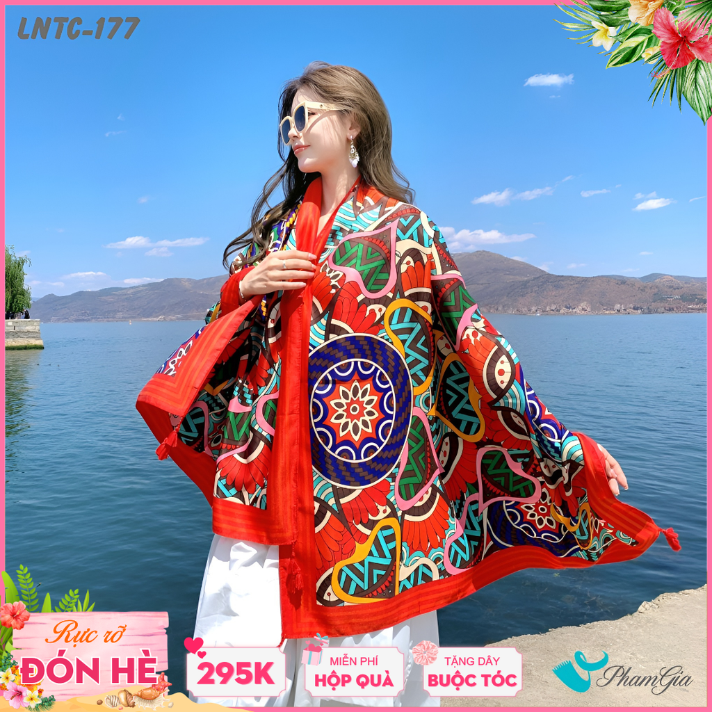 Khăn Choàng Linen Boho Họa Tiết Thổ Cẩm Mandala Màu Đỏ Cam Rực Rỡ