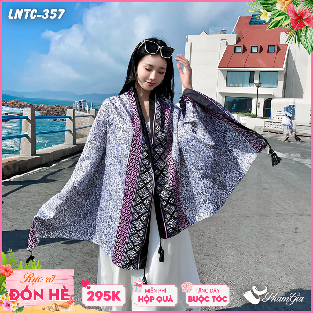Khăn Choàng Linen Boho Họa Tiết Thổ Cẩm Màu Tím Than Cá Tính
