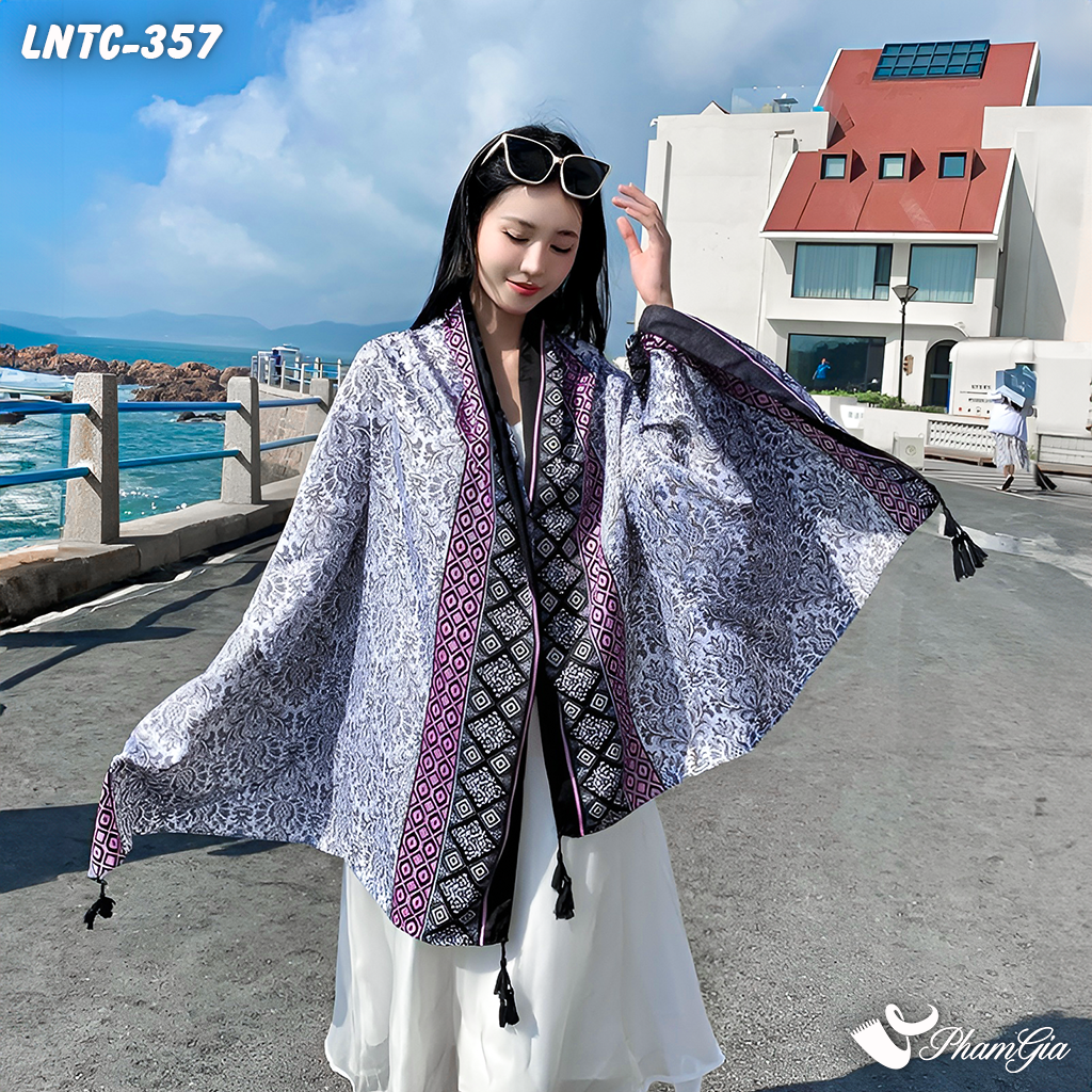 Khăn Choàng Linen Boho Họa Tiết Thổ Cẩm Màu Tím Than Cá Tính