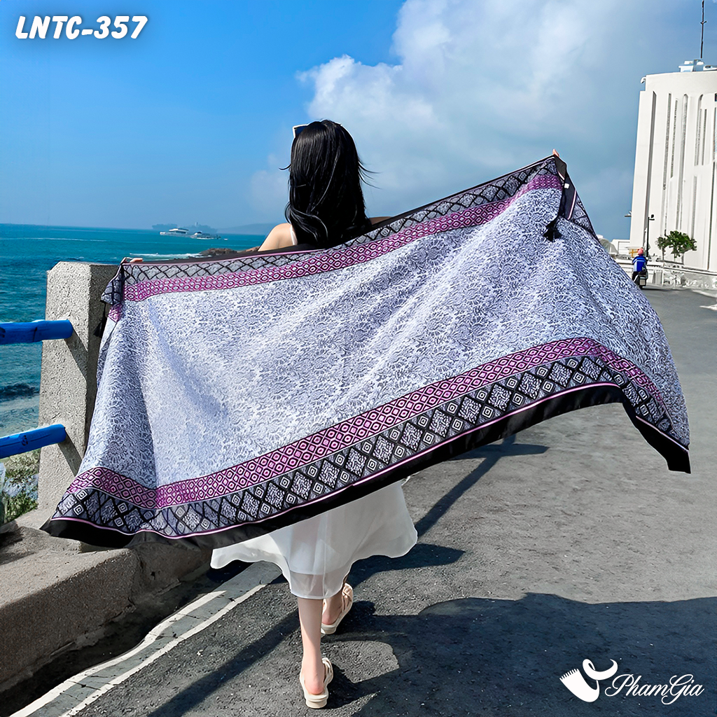 Họa Tiết Khăn Choàng Linen Boho Họa Tiết Thổ Cẩm Màu Tím Than Cá Tính