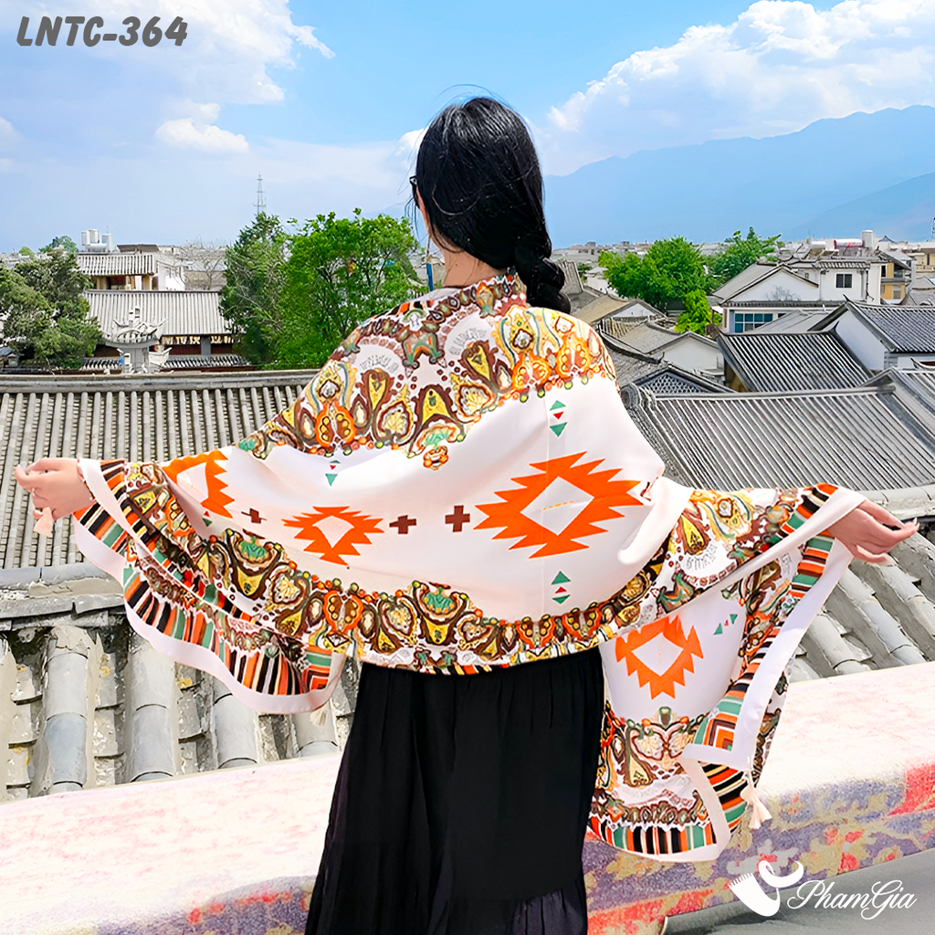 Họa Tiết Khăn Choàng Linen Boho Họa Tiết Thổ Cẩm Màu Trắng Kem Cá Tính